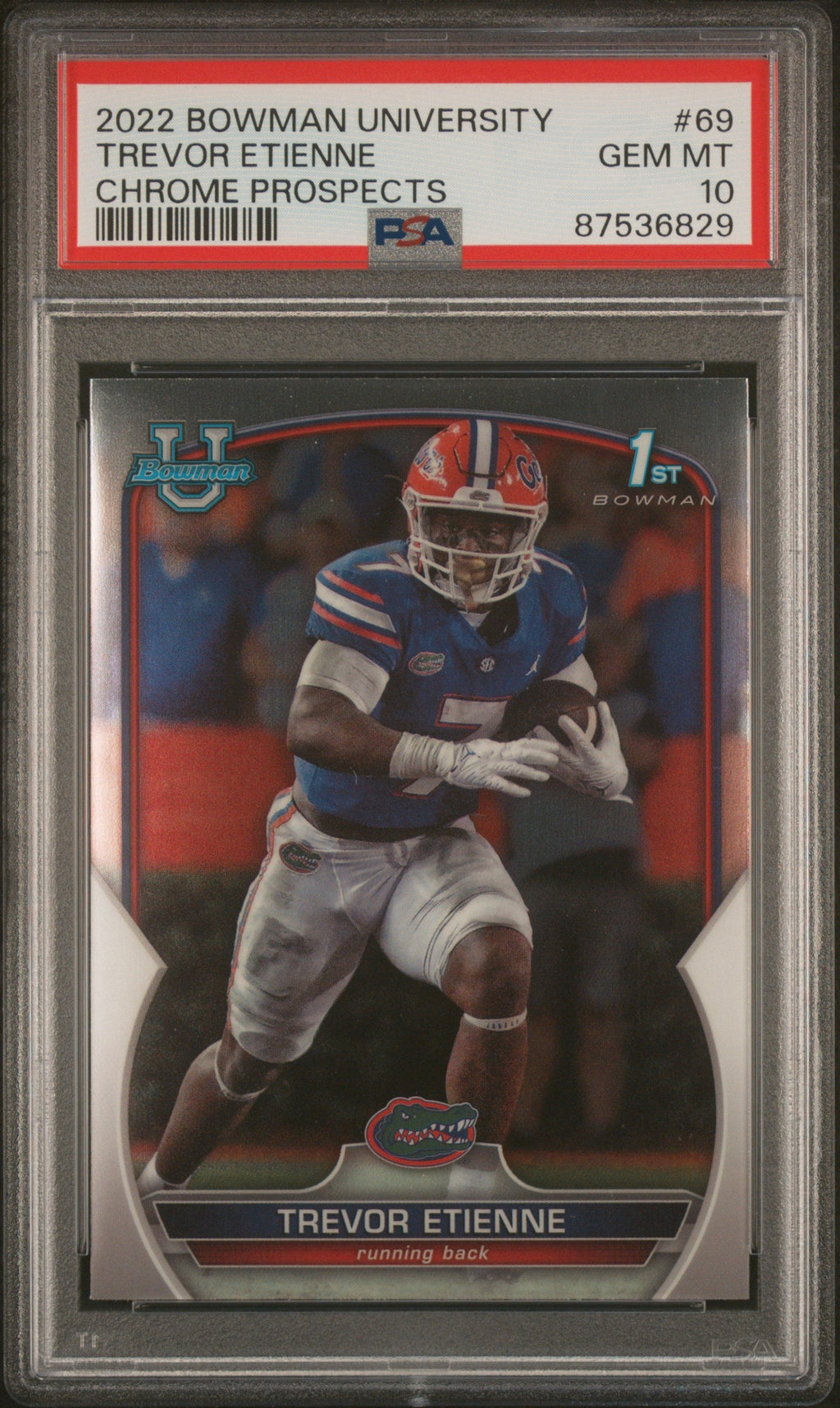 Graded 2022 Topps Bowman University Trevor Etienne #69 Chrome Prospects Rookie RC Football Card PSA 10 Gem Mint