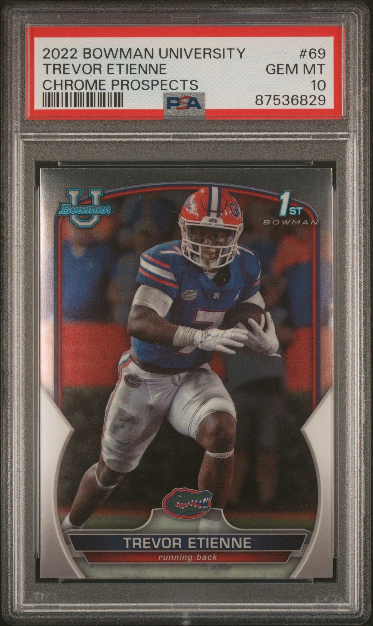 Graded 2022 Topps Bowman University Trevor Etienne #69 Chrome Prospects Rookie RC Football Card PSA 10 Gem Mint
