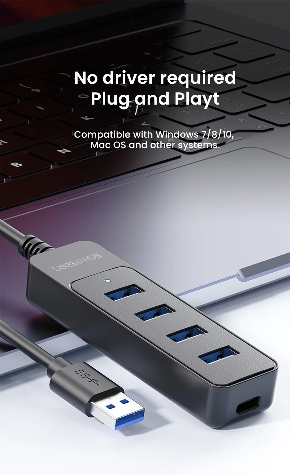 4-Port USB 3.0 Hub with Type-C Splitter & Cable