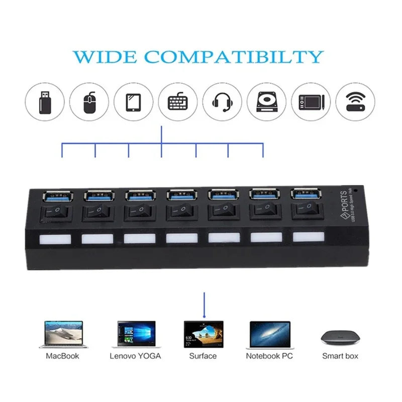 7-Port USB 3.0 Hub – Multi USB Splitter with Power Adapter