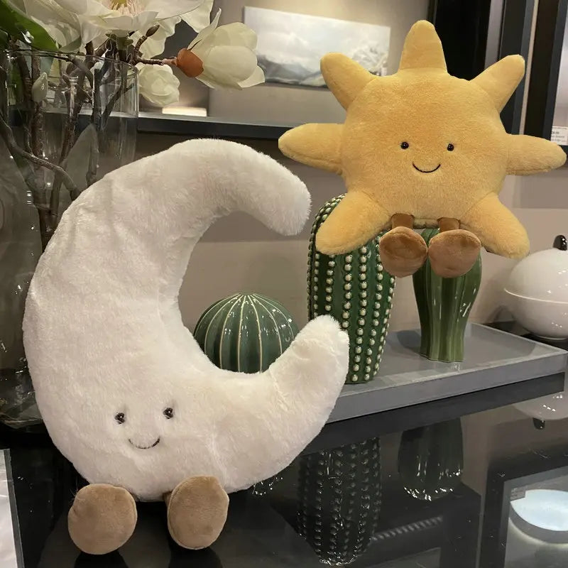 Smile Face Sun & Moon Plush Toy – Cute Cartoon Weather Pillow