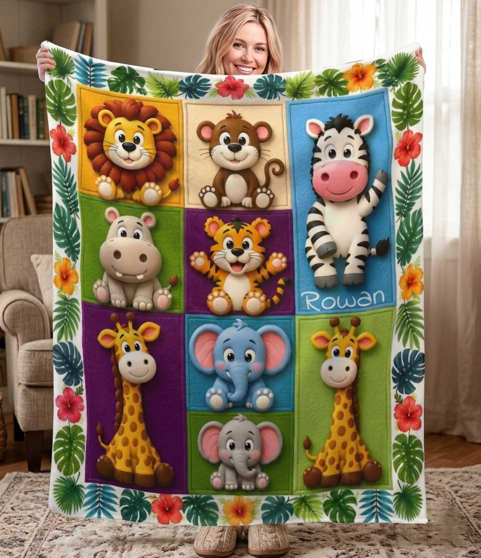 Personalised Safari Animals Name Blanket | 3D Effect Kids Gift