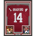Framed Autographed/Signed Sam Bradford 35x39 Oklahoma Red College Football Jersey Beckett BAS COA
