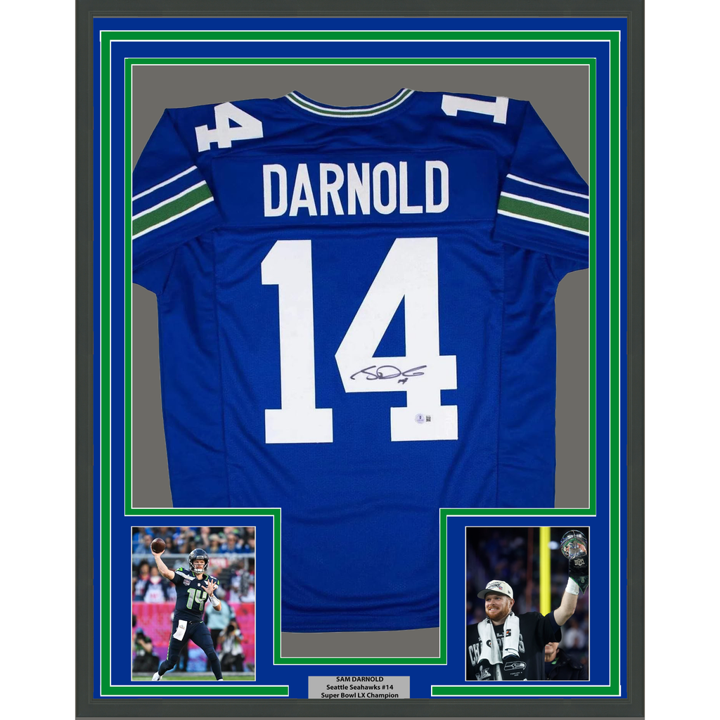 Framed Autographed/Signed Sam Darnold 35x39 Seattle Blue Retro Football Jersey Beckett BAS COA