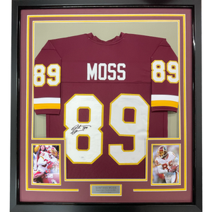 Framed Autographed/Signed Santana Moss 35x39 Washington Burgundy Football Jersey JSA COA