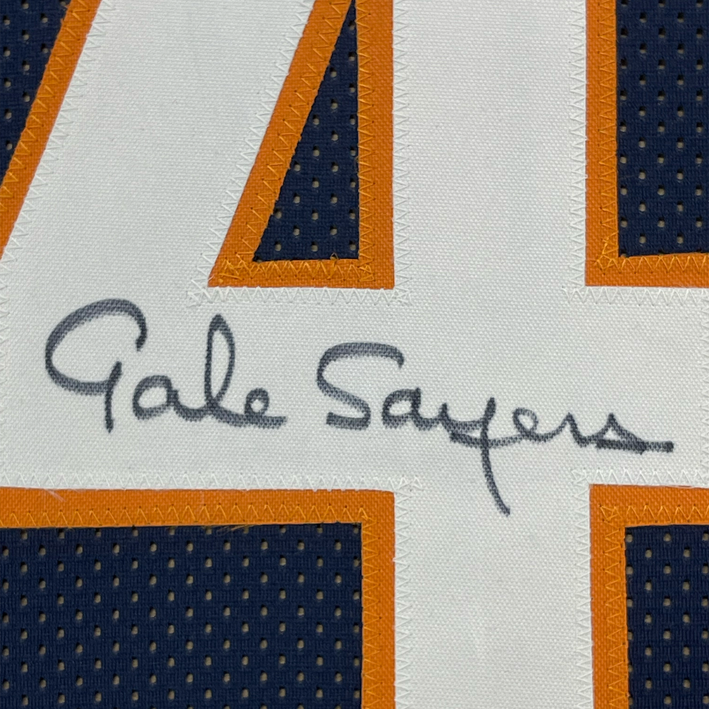 Framed Autographed/Signed Gale Sayers 35x39 Chicago Blue Football Jersey PSA/DNA COA