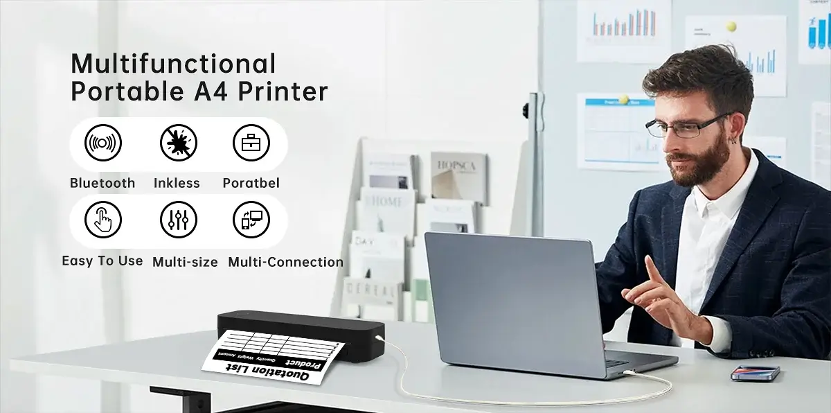 Portable A4 Thermal Printer – Bluetooth Wireless Mini Document Printer