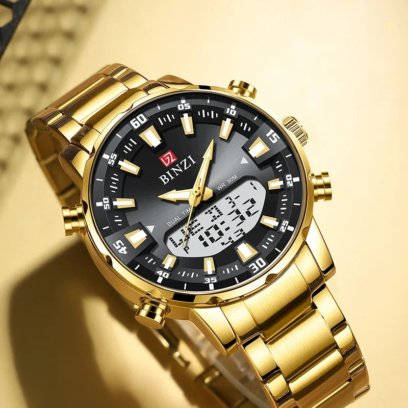 Men's Gold Quartz Dress Watch, Stainless Steel, Chronograph Luminous