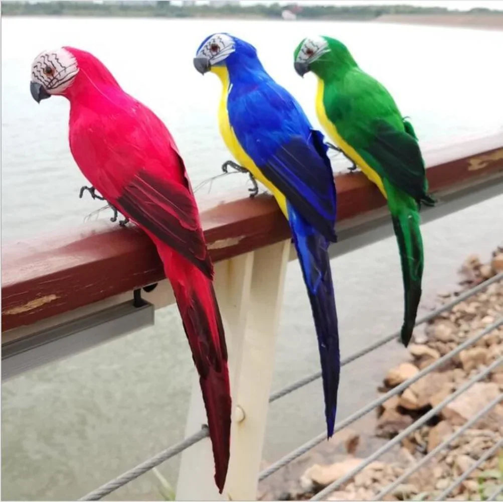 Handmade Feather Parrot Statue – Lifelike Bird Ornament for Garden and Home Decor
