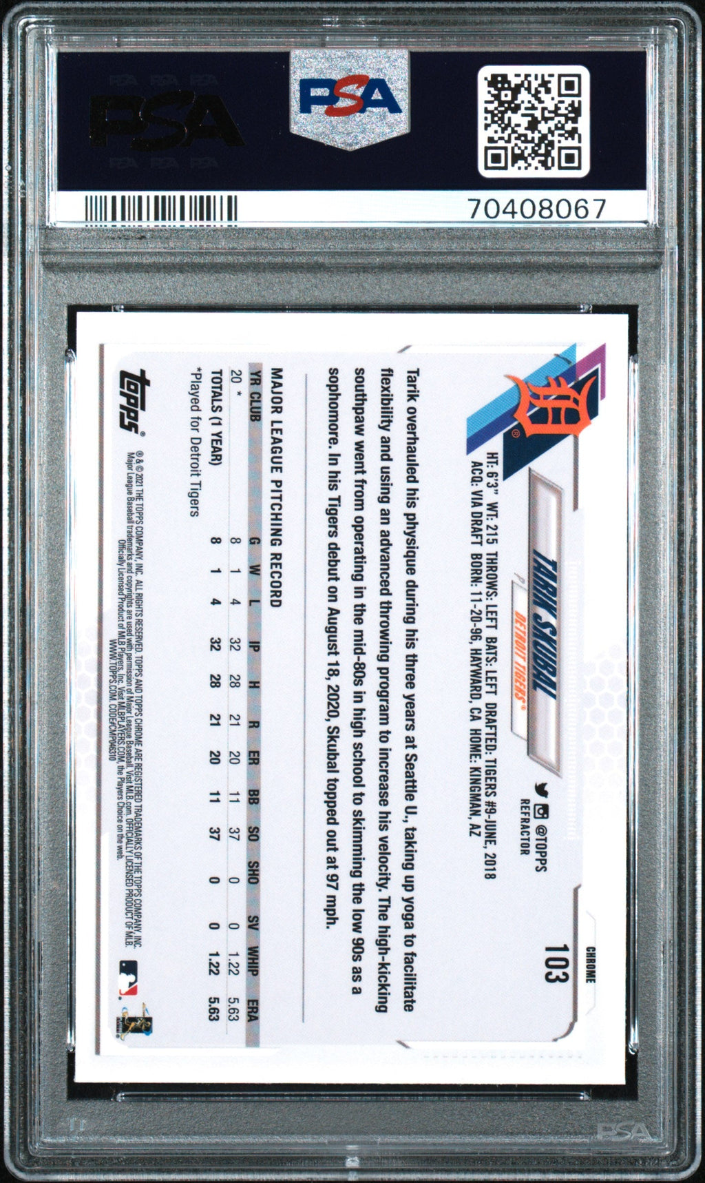 Graded 2021 Topps Chrome Tarik Skubal #103 Refractor Rookie RC Baseball Card PSA 10 Gem Mint