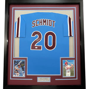 Framed Autographed/Signed Mike Schmidt 35x39 Philadelphia Retro Blue Baseball Jersey JSA COA