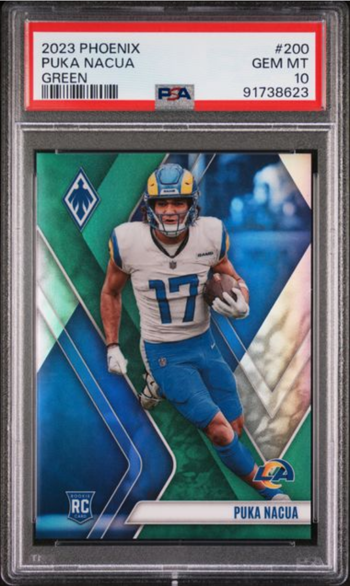 Graded 2023 Panini Phoenix Puka Nacua #200 Green /25 Rookie RC Football Card PSA 10 Gem Mint