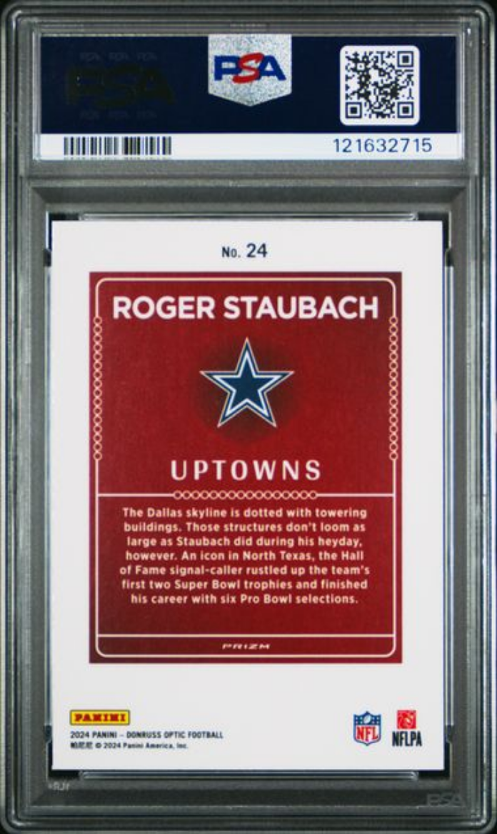 Graded 2024 Panini Donruss Optic Roger Staubach #24 Uptowns Football Card PSA 10 Gem Mint