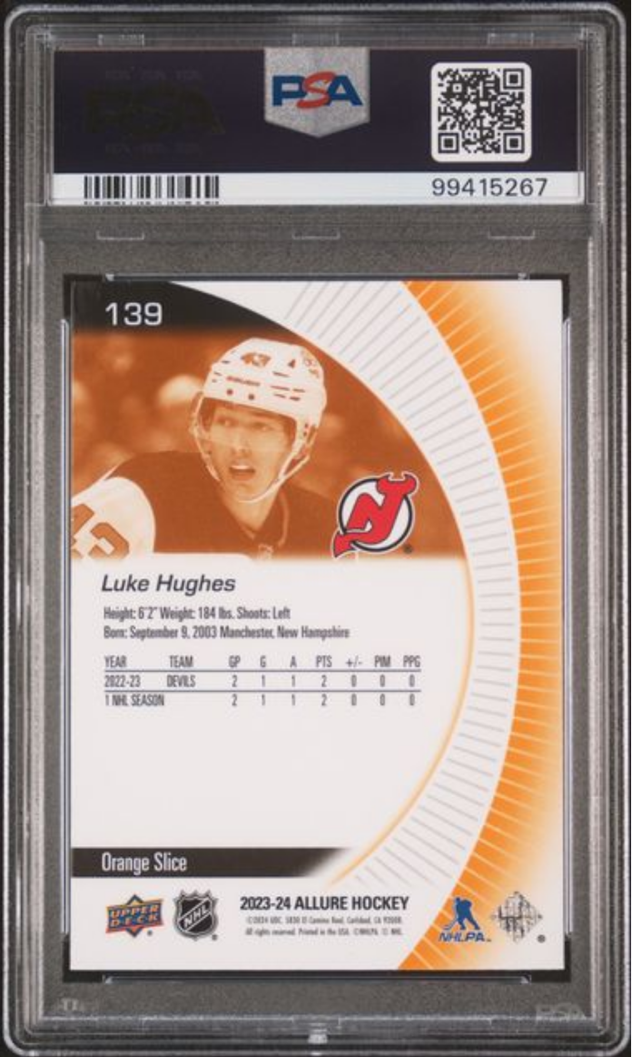 Graded 2023 Upper Deck Allure Luke Hughes #139 Orange Slice Rookie RC Hockey Card PSA 10 Gem Mint