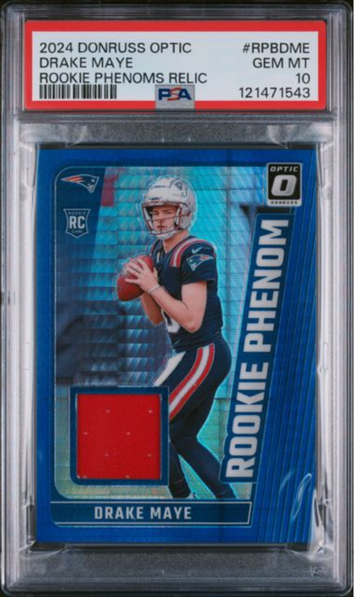 Graded 2024 Panini Donruss Optic Drake Maye #RPBDME Rookie Phenoms Relic Rookie RC Football Card PSA 10 Gem Mint