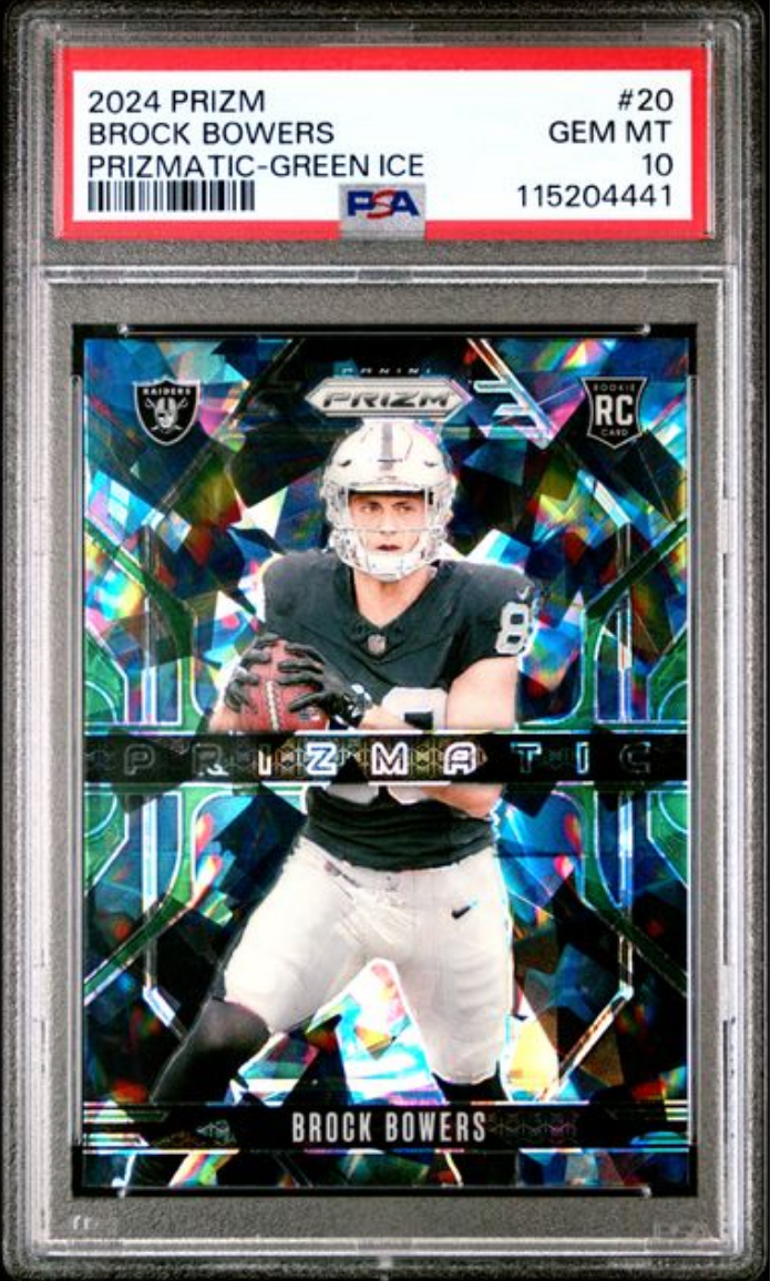 Graded 2024 Panini Prizm Brock Bowers #20 Prizmatic Green Ice Rookie RC Football Card PSA 10 Gem Mint