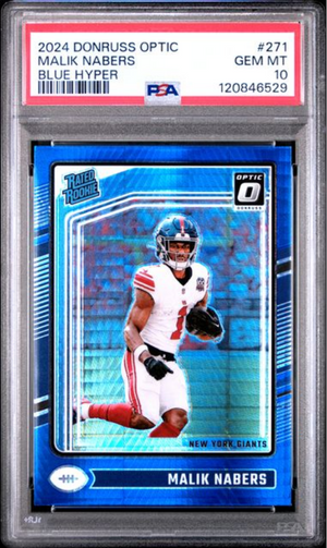Graded 2024 Panini Donruss Optic Malik Nabers #271 Blue Hyper Rookie RC Football Card PSA 10 Gem Mint