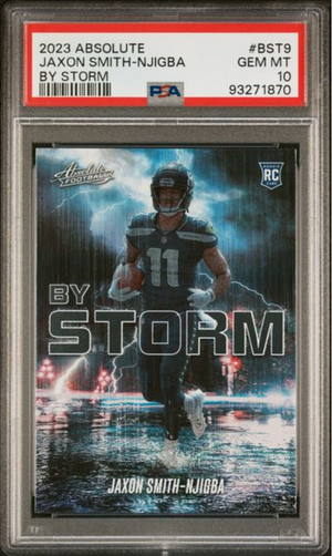Graded 2023 Panini Absolute Jaxon Smith-Njigba #BST9 By Storm Rookie RC Football Card PSA 10 Gem Mint