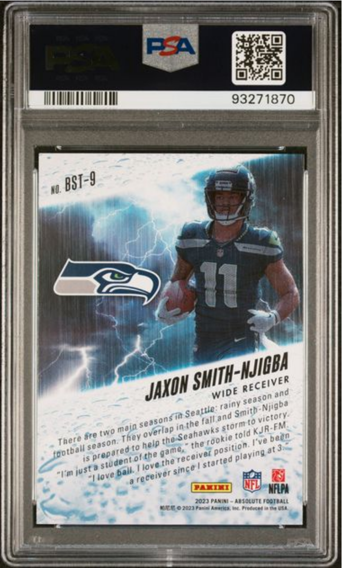 Graded 2023 Panini Absolute Jaxon Smith-Njigba #BST9 By Storm Rookie RC Football Card PSA 10 Gem Mint