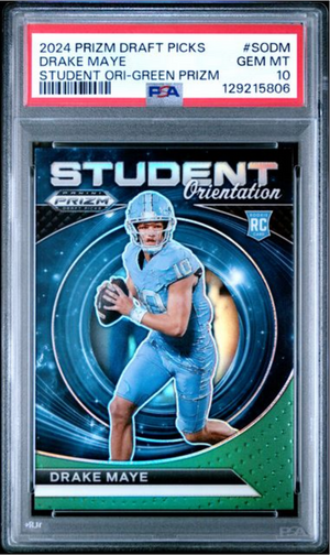 Graded 2024 Panini Prizm Draft Picks Drake Maye #SODM Student Orientation Green Prizm Rookie RC Football Card PSA 10 Gem Mint