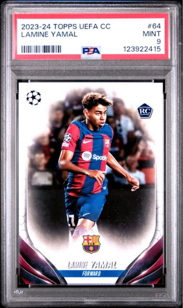 Graded 2023 Topps UEFA CC Lamine Yamal #64 Rookie RC Soccer Card PSA 9 Mint