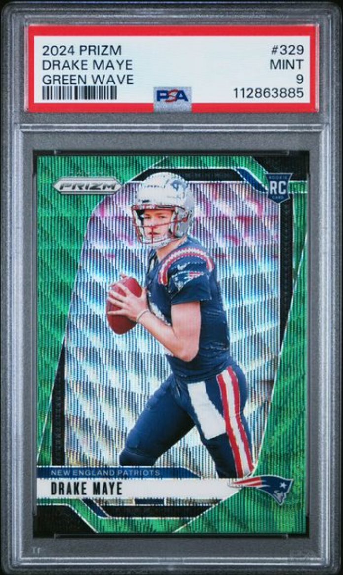 Graded 2024 Panini Prizm Drake Maye #329 Green Wave Rookie RC Football Card PSA 9 Mint