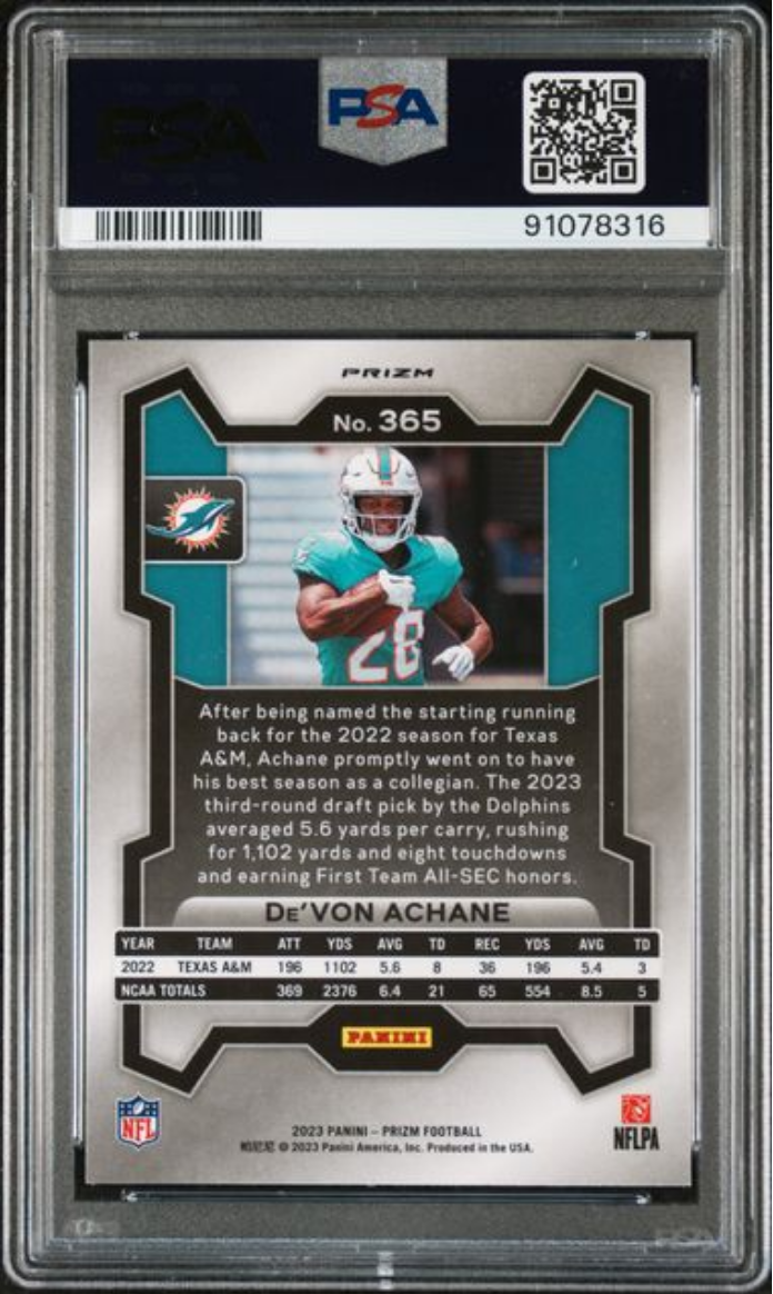 Graded 2023 Panini Prizm Devon Achane #365 No Huddle Rookie RC Football Card PSA 10 Gem Mint