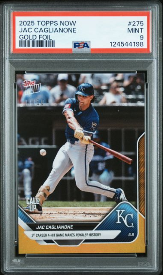 Graded 2025 Topps Now Jac Caglianone #275 Gold Foil /50 Rookie RC Baseball Card PSA 9 Mint
