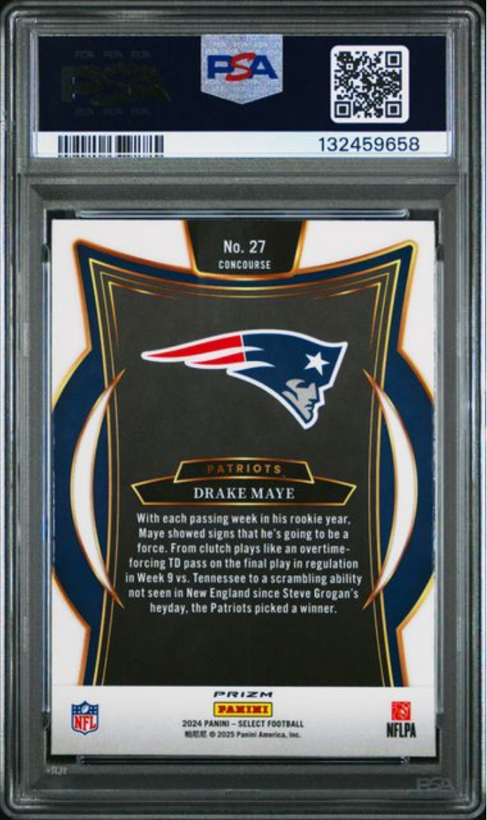 Graded 2024 Panini Select Drake Maye #27 Black & Red Shock Rookie RC Football Card PSA 9 Mint