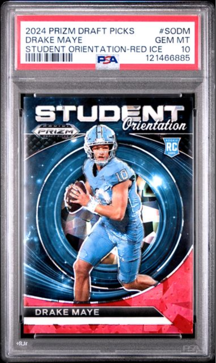 Graded 2024 Panini Prizm Draft Picks Drake Maye #SODM Student Orientation Red Ice Rookie RC Football Card PSA 10 Gem Mint