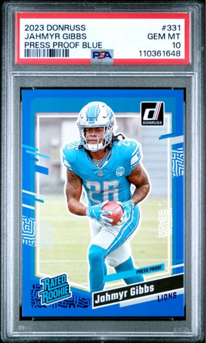 Graded 2023 Panini Donruss Jahmyr Gibbs #331 Press Proof Blue Rookie RC Football Card PSA 10 Gem Mint