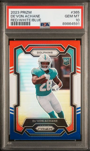Graded 2023 Panini Prizm Devon Achane #365 Red/White/Blue Rookie RC Football Card PSA 10 Gem Mint