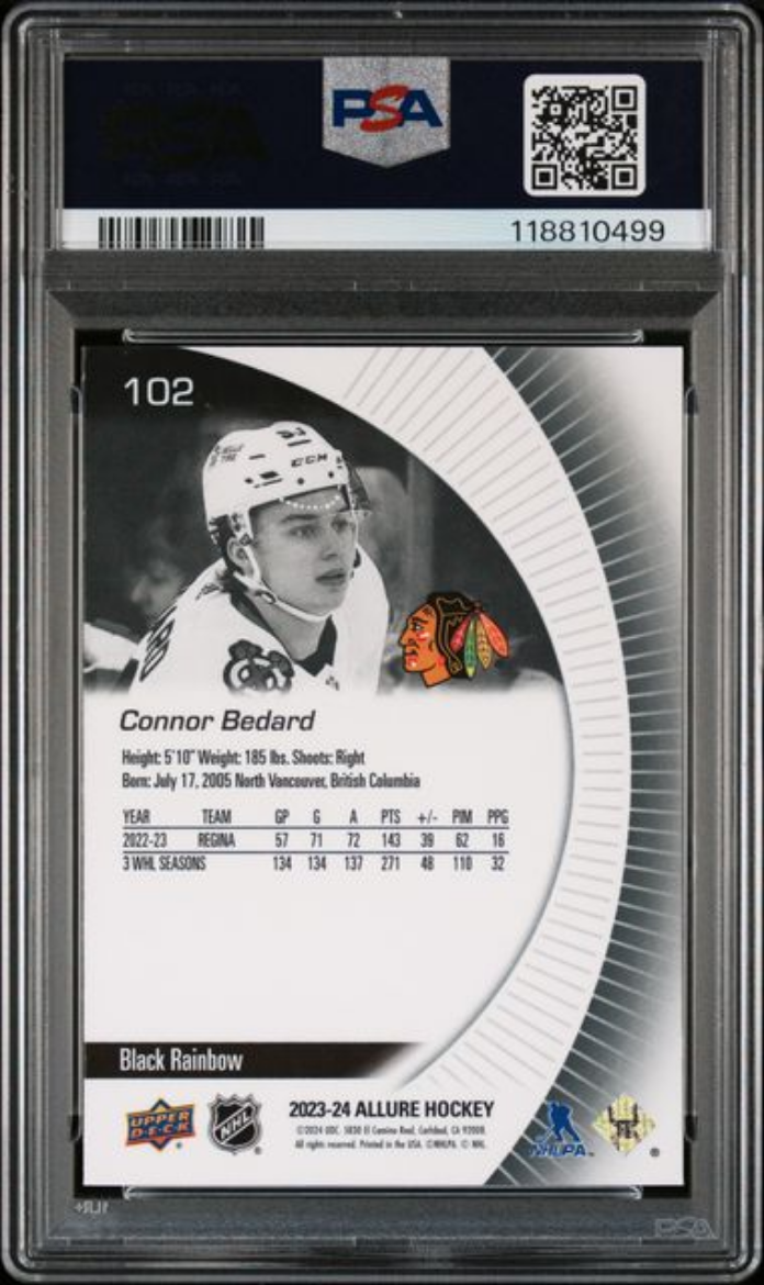 Graded 2023 Upper Deck Allure Connor Bedard #102 Black Rainbow Rookie RC Hockey Card PSA 10 Gem Mint