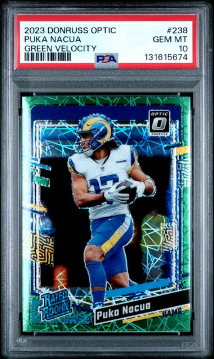 Graded 2023 Panini Donruss Optic Puka Nacua #238 Green Velocity Rookie RC Football Card PSA 10 Gem Mint