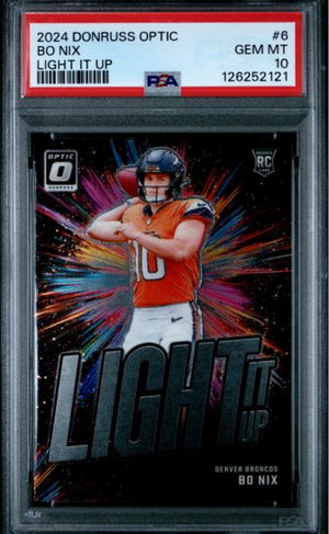 Graded 2024 Panini Donruss Optic Bo Nix #6 Light It Up Rookie RC Football Card PSA 10 Gem Mint