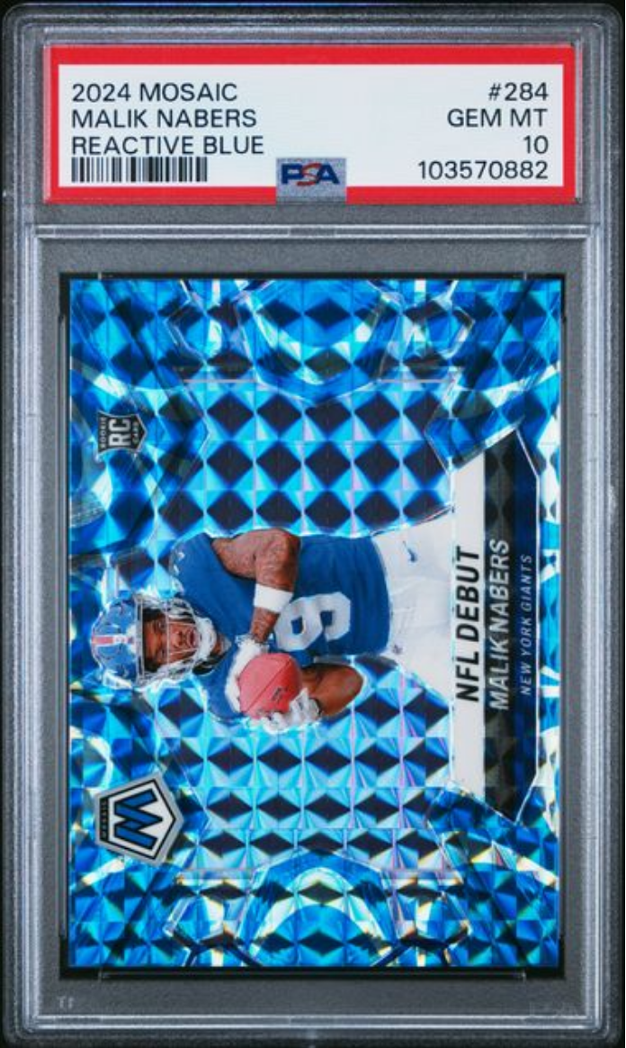 Graded 2024 Panini Mosaic Malik Nabers #284 Reactive Blue Rookie RC Football Card PSA 10 Gem Mint