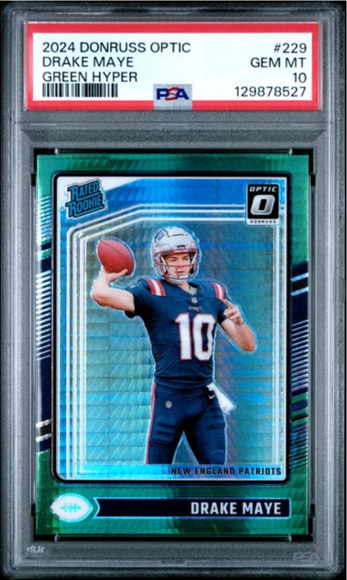 Graded 2024 Panini Donruss Optic Drake Maye #229 Green Hyper Rookie RC Football Card PSA 10 Gem Mint