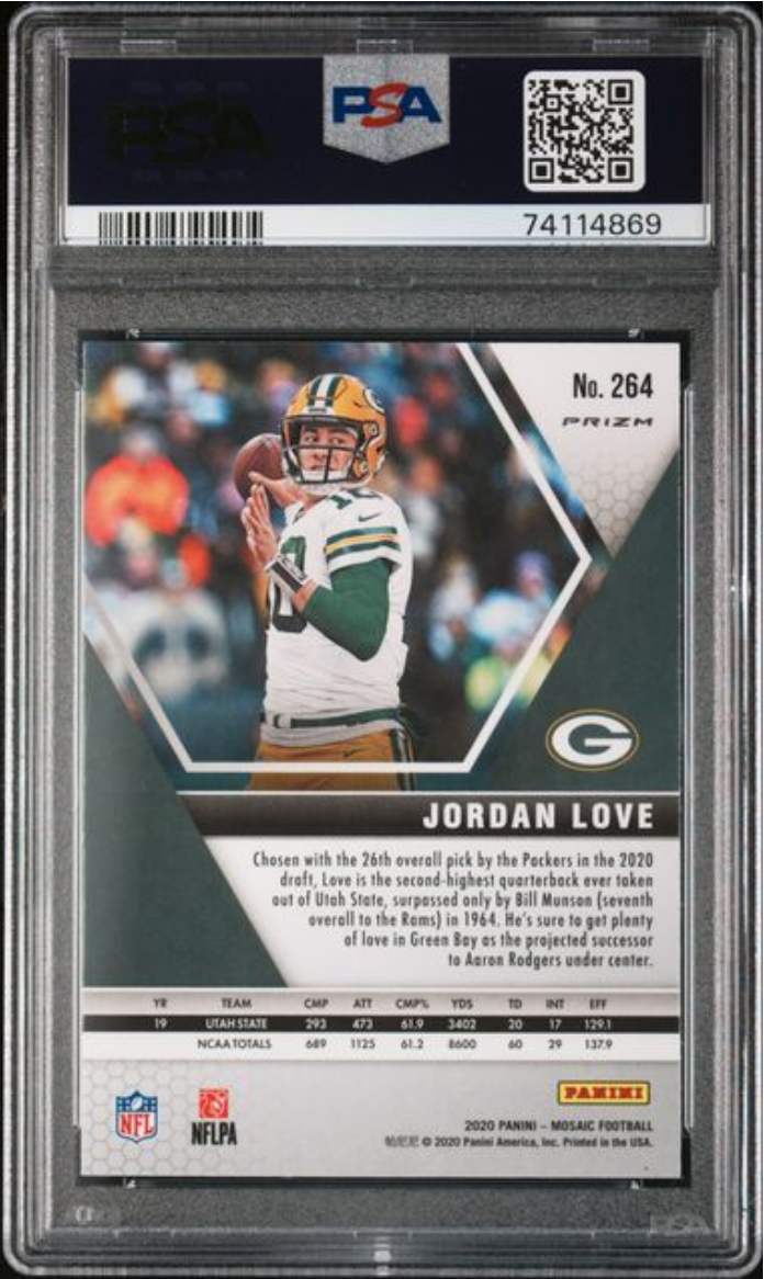 Graded 2020 Panini Mosaic Jordan Love #264 Green Mosaic Rookie RC Football Card PSA 10 Gem Mint
