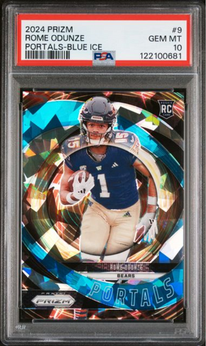 Graded 2024 Panini Prizm Rome Odunze #9 Portals Blue Ice /99 Rookie RC Football Card PSA 10 Gem Mint