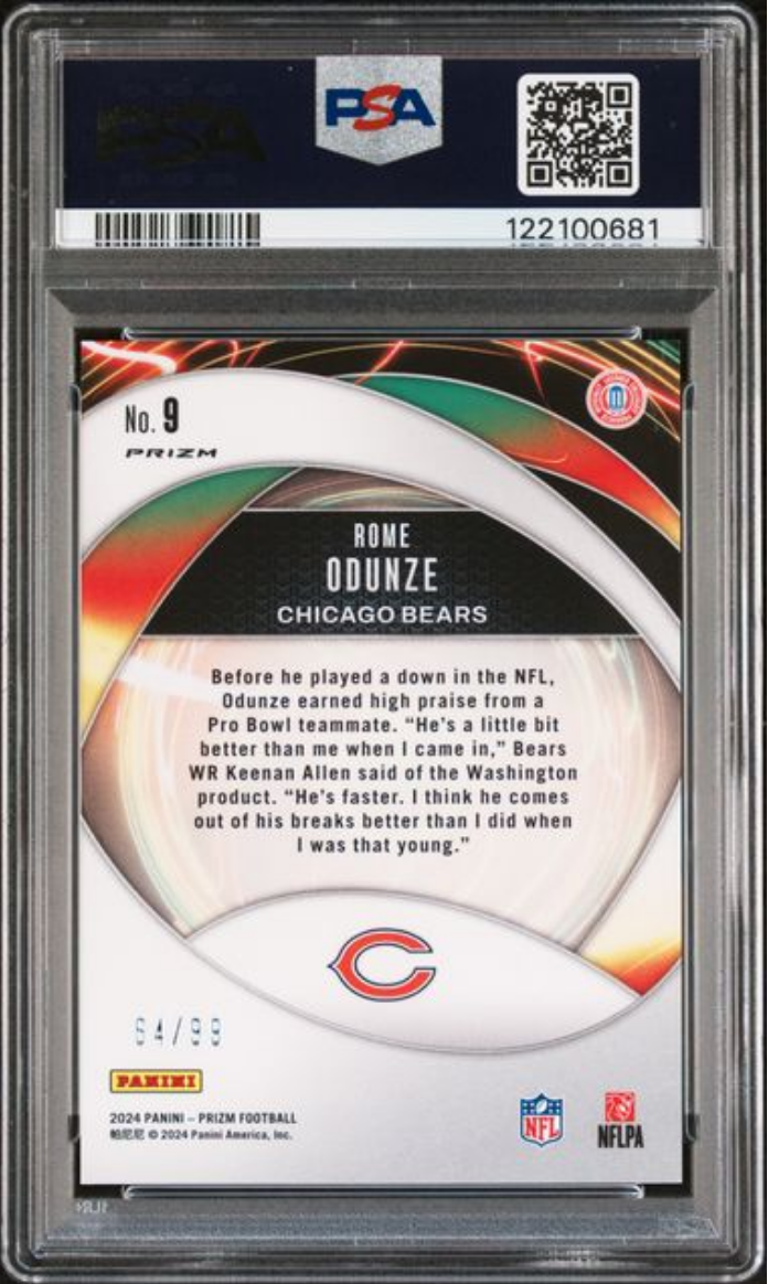 Graded 2024 Panini Prizm Rome Odunze #9 Portals Blue Ice /99 Rookie RC Football Card PSA 10 Gem Mint