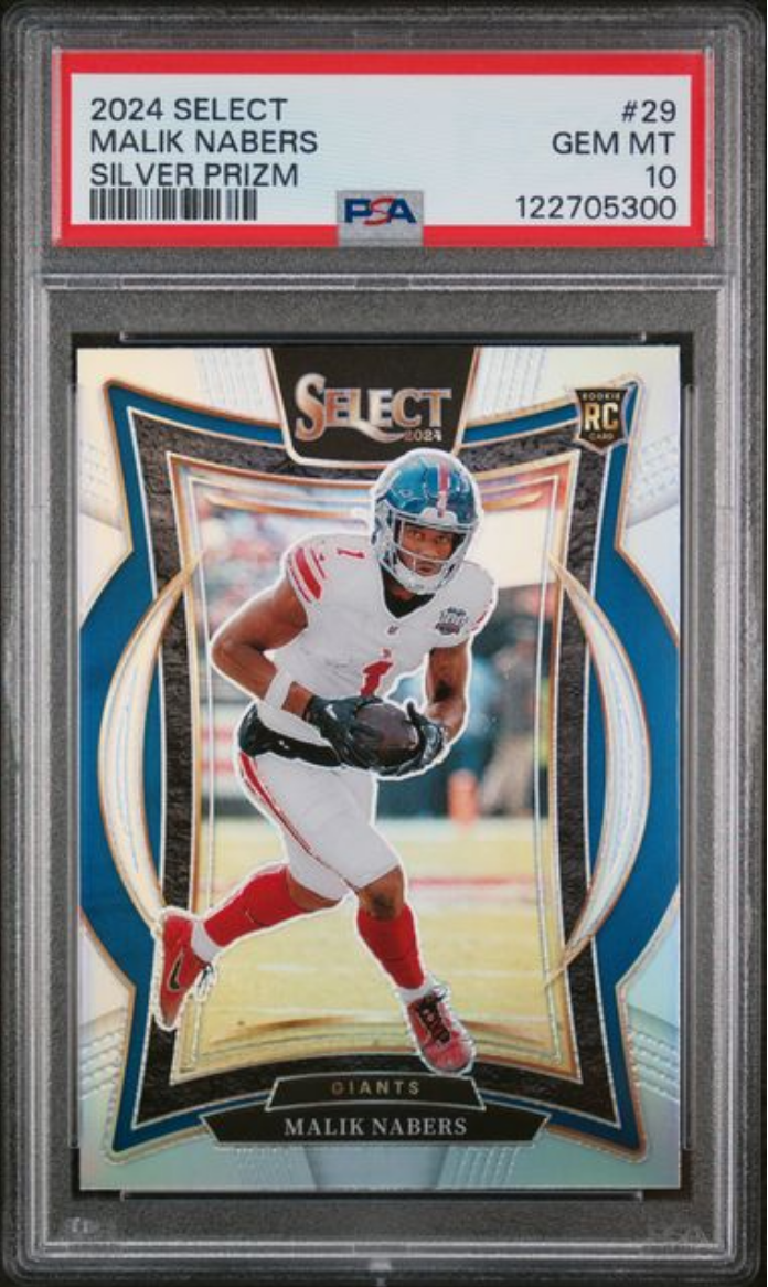 Graded 2024 Panini Select Malik Nabers #29 Silver Rookie RC Football Card PSA 10 Gem Mint