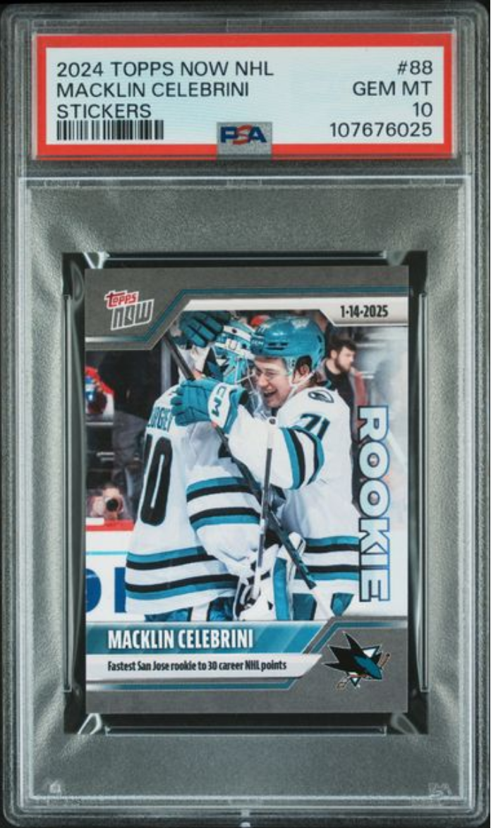 Graded 2024 Topps Now NHL Macklin Celebrini #88 Stickers Rookie RC Hockey Card PSA 10 Gem Mint