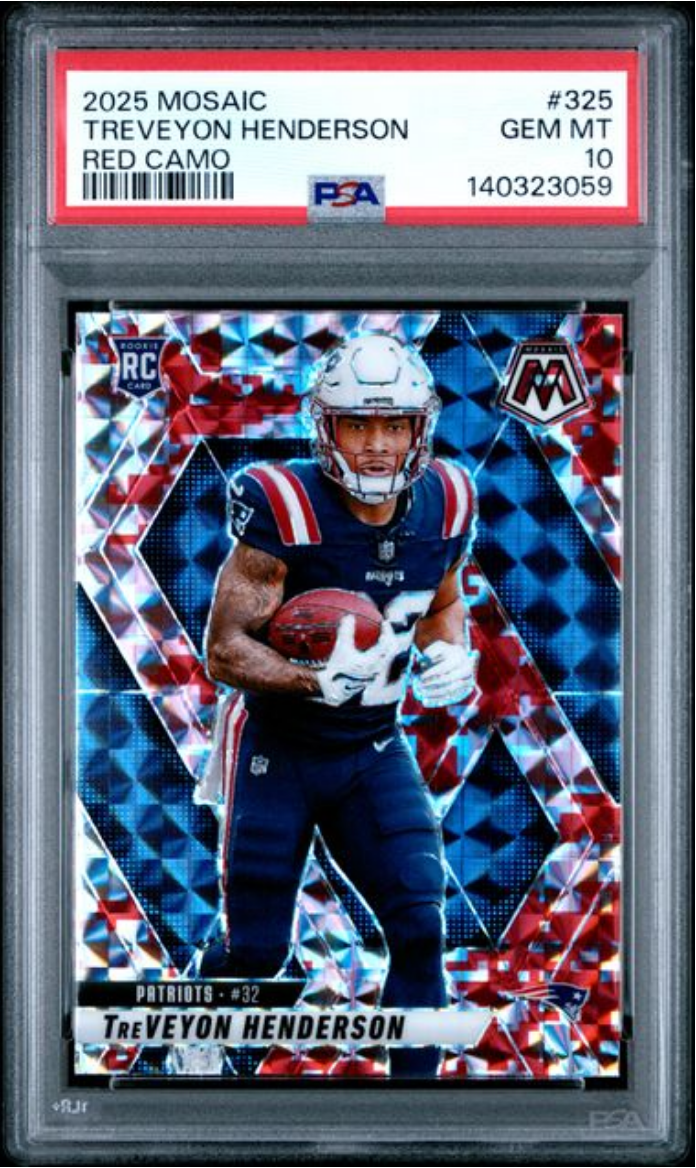 Graded 2025 Panini Mosaic TreVeyon Henderson #325 Red Camo Rookie RC Football Card PSA 10 Gem Mint
