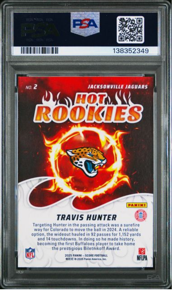 Graded 2025 Panini Score Travis Hunter #2 Hot Rookies Rookie RC Football Card PSA 10 Gem Mint