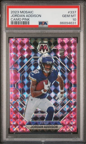 Graded 2023 Panini Mosaic Jordan Addison #337 Camo Pink Rookie RC Football Card PSA 10 Gem Mint