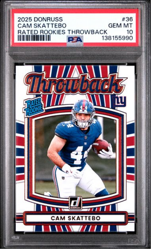 Graded 2025 Panini Donruss Cam Skattebo #36 Rated Rookies Throwback Rookie RC Football Card PSA 10 Gem Mint