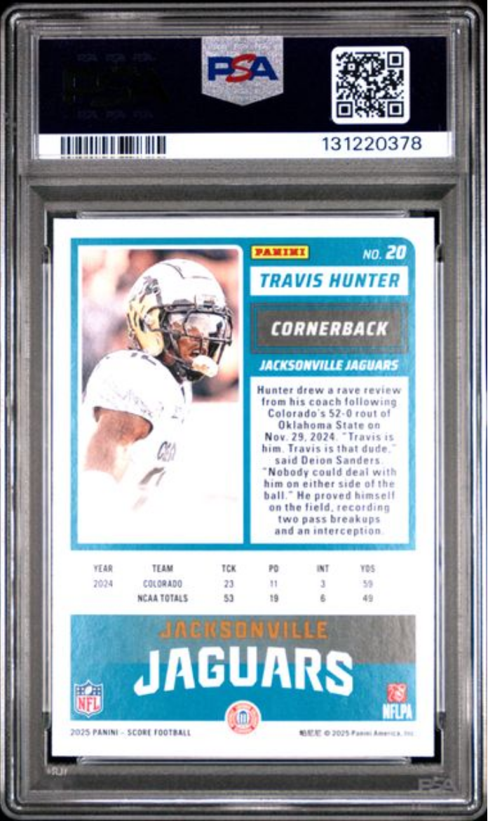 Graded 2025 Panini Score Travis Hunter #20 Rookie RC Football Card PSA 10 Gem Mint