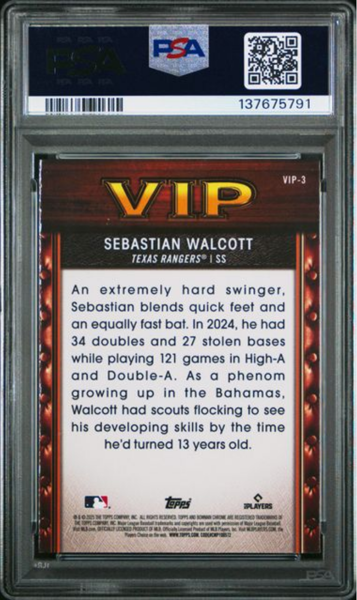 Graded 2025 Topps Bowman Sebastian Walcott #VIP3 Very Important Prospects Rookie RC Baseball Card PSA 10 Gem Mint