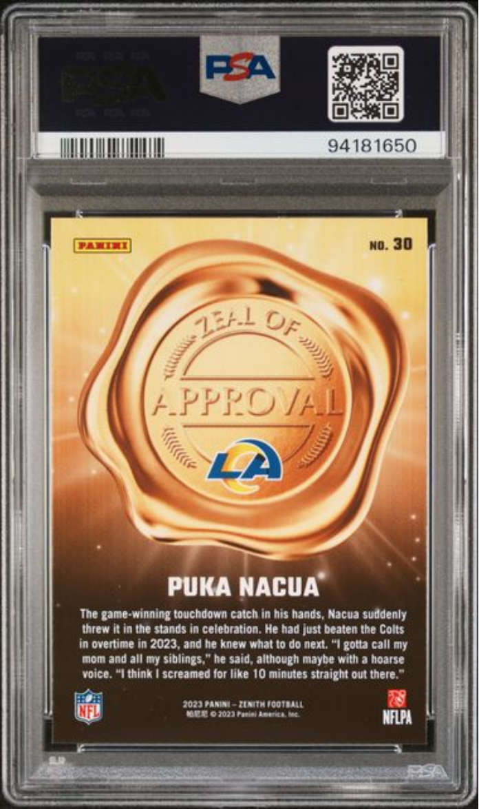Graded 2023 Panini Zenith Puka Nacua #30 Zeal of Approval Red Rookie RC Football Card PSA 10 Gem Mint
