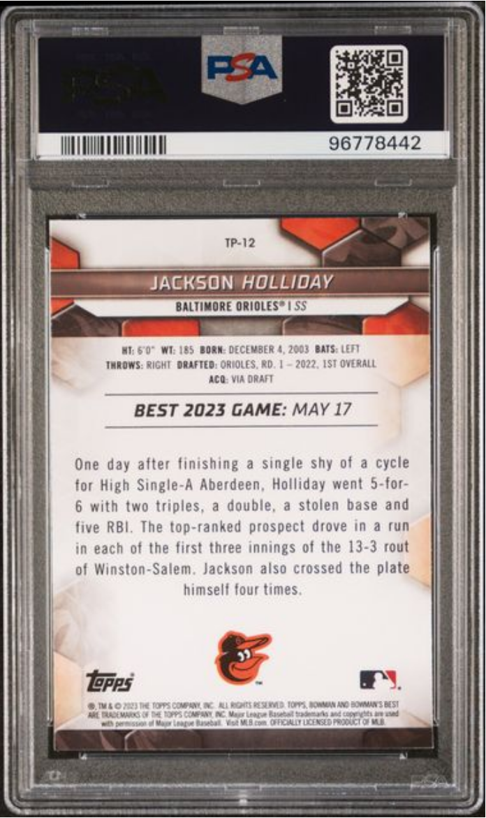 Graded 2023 Topps Bowmans Best Jackson Holliday #TP12 Top Prospects Rookie RC Baseball Card PSA 10 Gem Mint